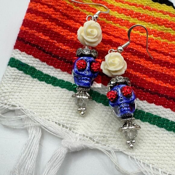 Navy Skull Day of the Dead/Dia de Muertos Dangle Earrings Halloween Jewelry - Picture 3 of 6